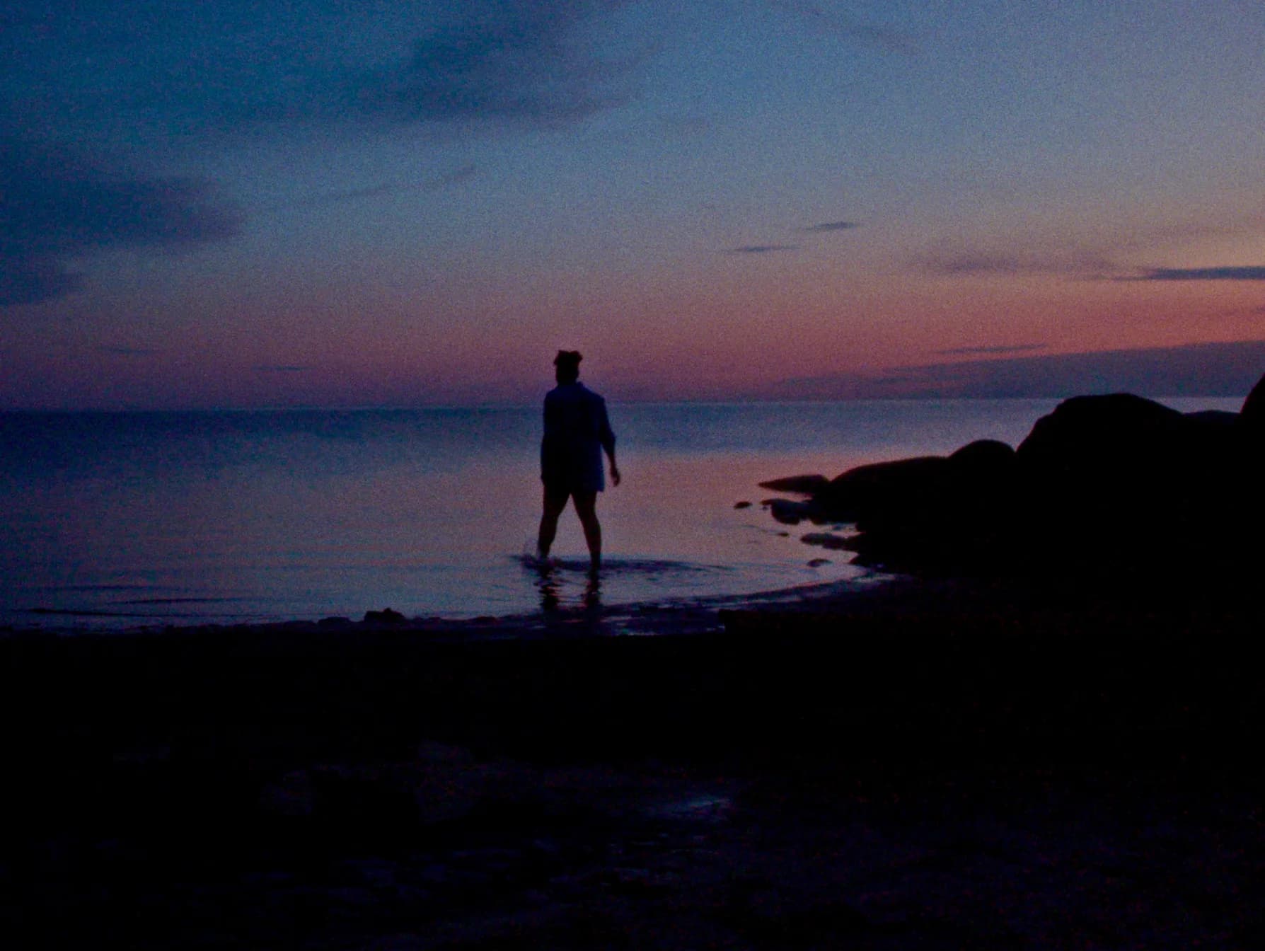 A figure standing in water at dusk